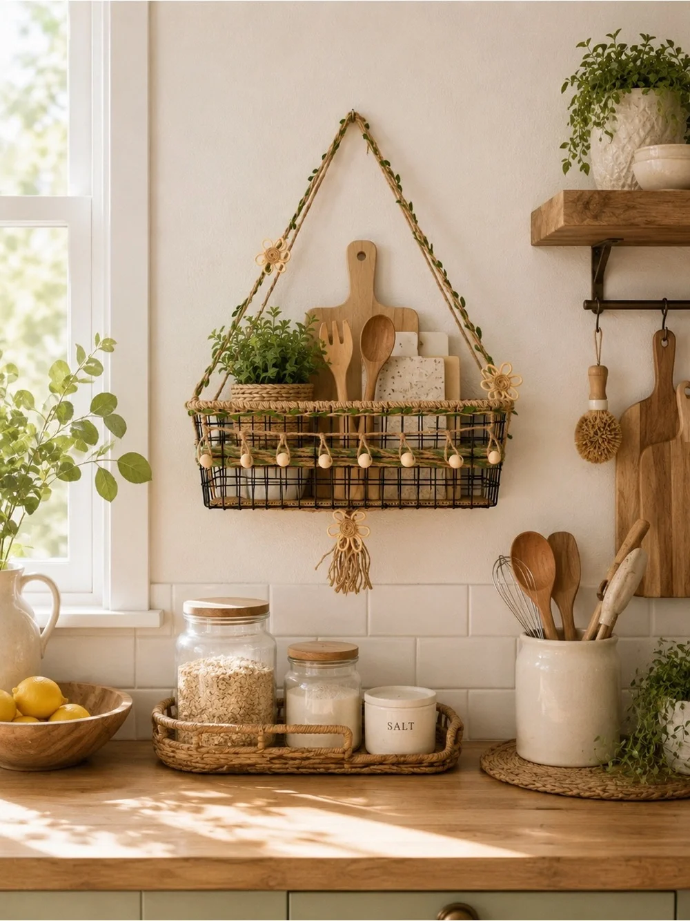 Boho Wall Basket Organizer, Rustic Hanging Storage Basket, Farmhouse Decor